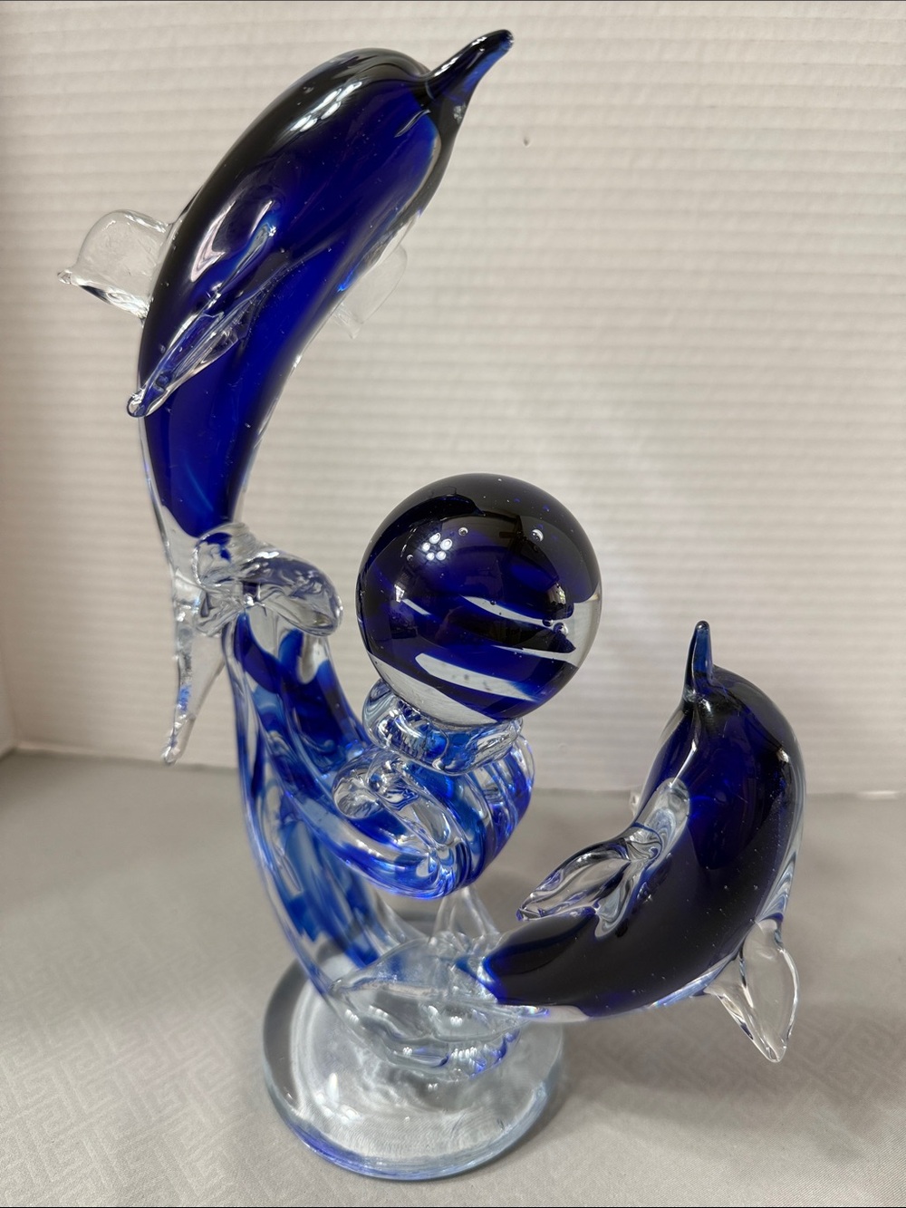 Vintage Handblown Art Glass Cobalt Blue Two Dolphins & Sphere Orb Figurine 10”